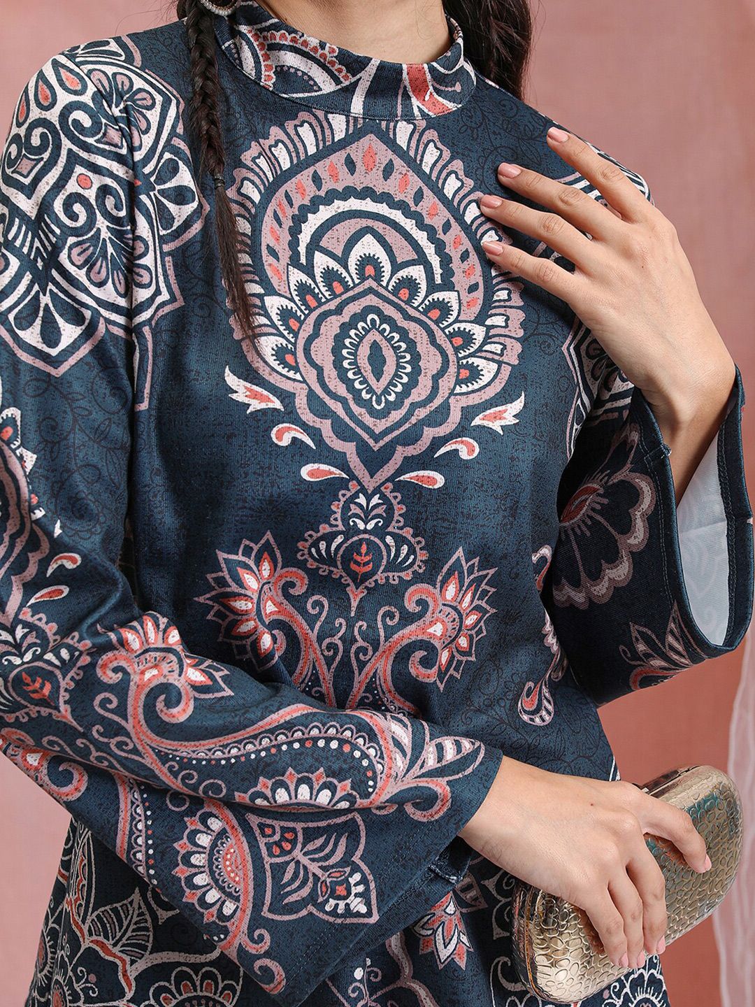 Vishudh Blue Printed High Neck Tunic With Flared Trouser