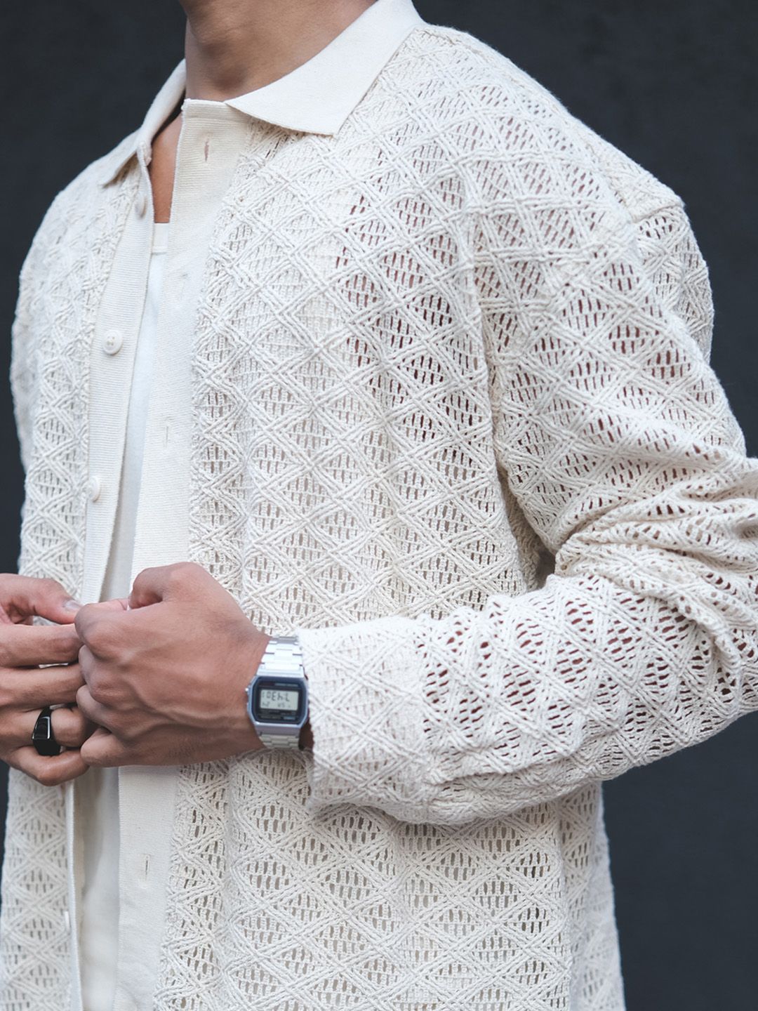 Powerlook White India Slim Oversized Geometric Self Design Crochet Semi Sheer Shirt