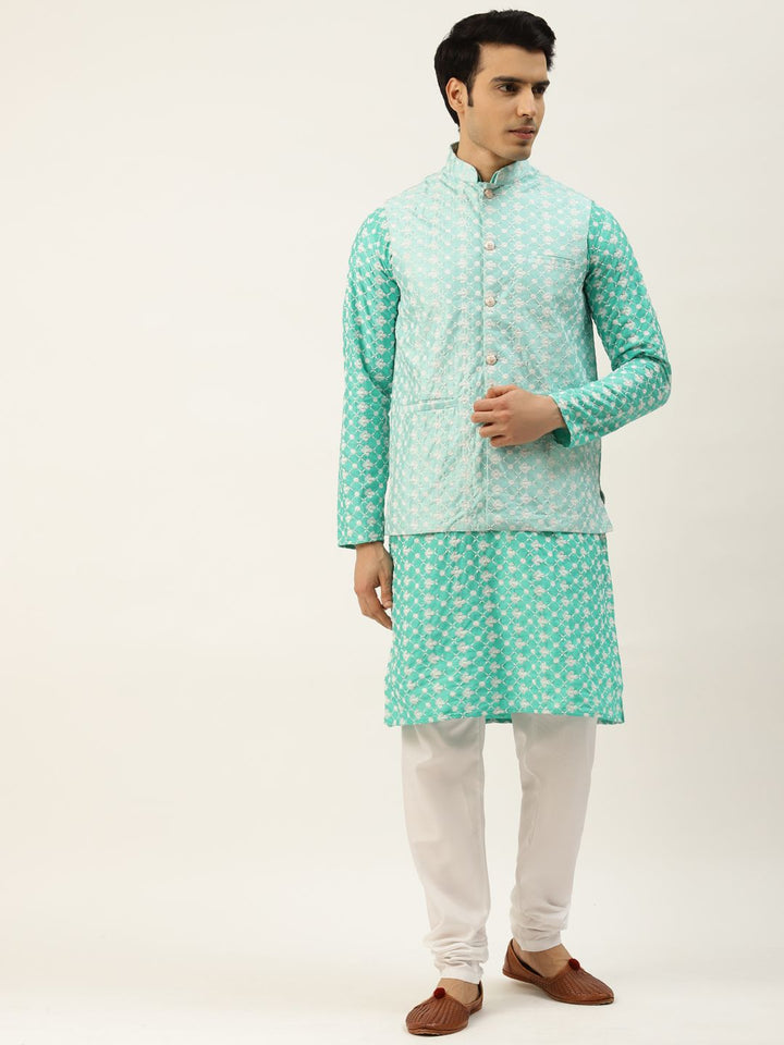 SOJANYA Lelaki Motif Etnik Biru Sulam Benang Kerja Kurta dengan Churidar