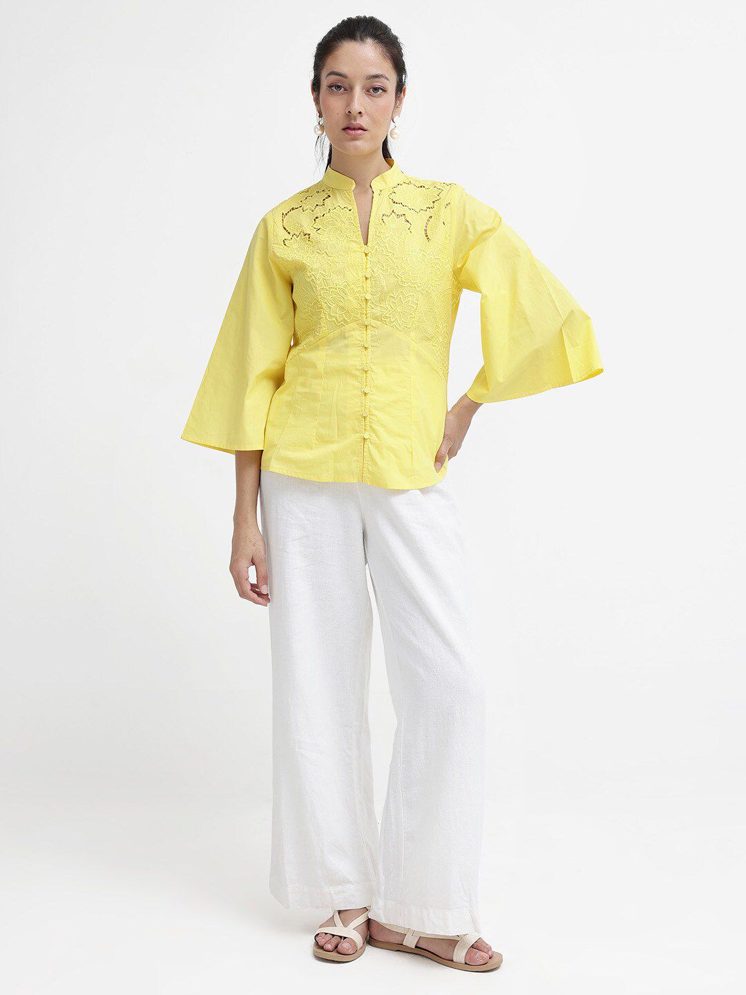 RAREISM Self Design Mandarin Collar Flared Sleeve Cotton Top