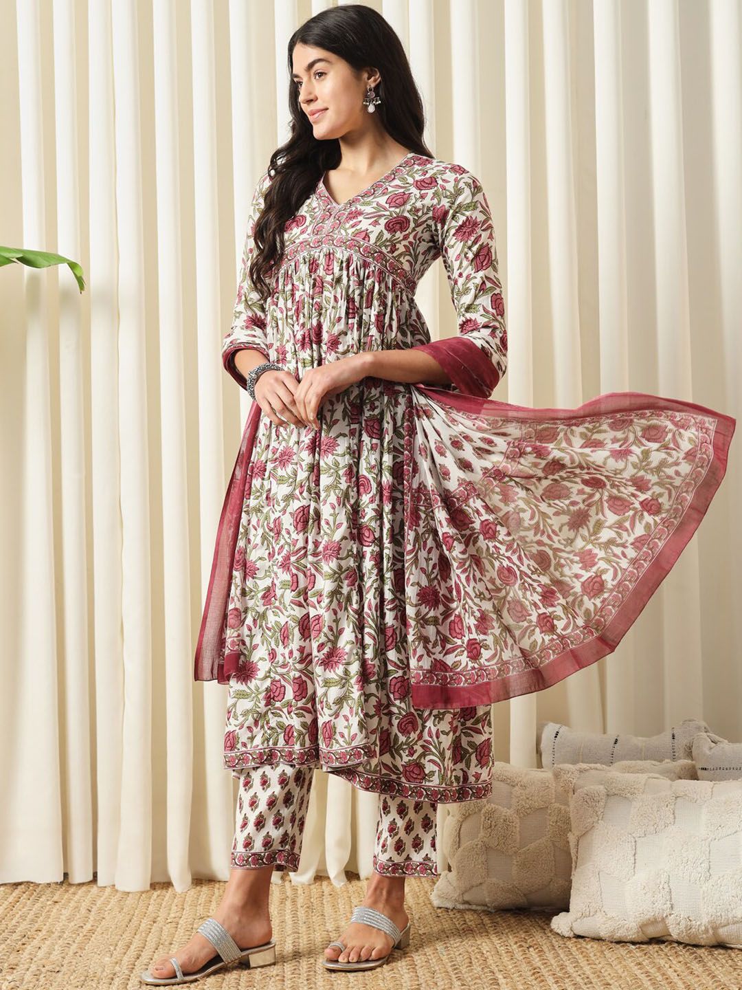 KALINI Floral Printed Pure Cotton Empire Kurta With Trouser & Dupatta