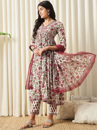 Kalini Floral Printed Pure Cotton Empire kurta dengan seluar & dupatta