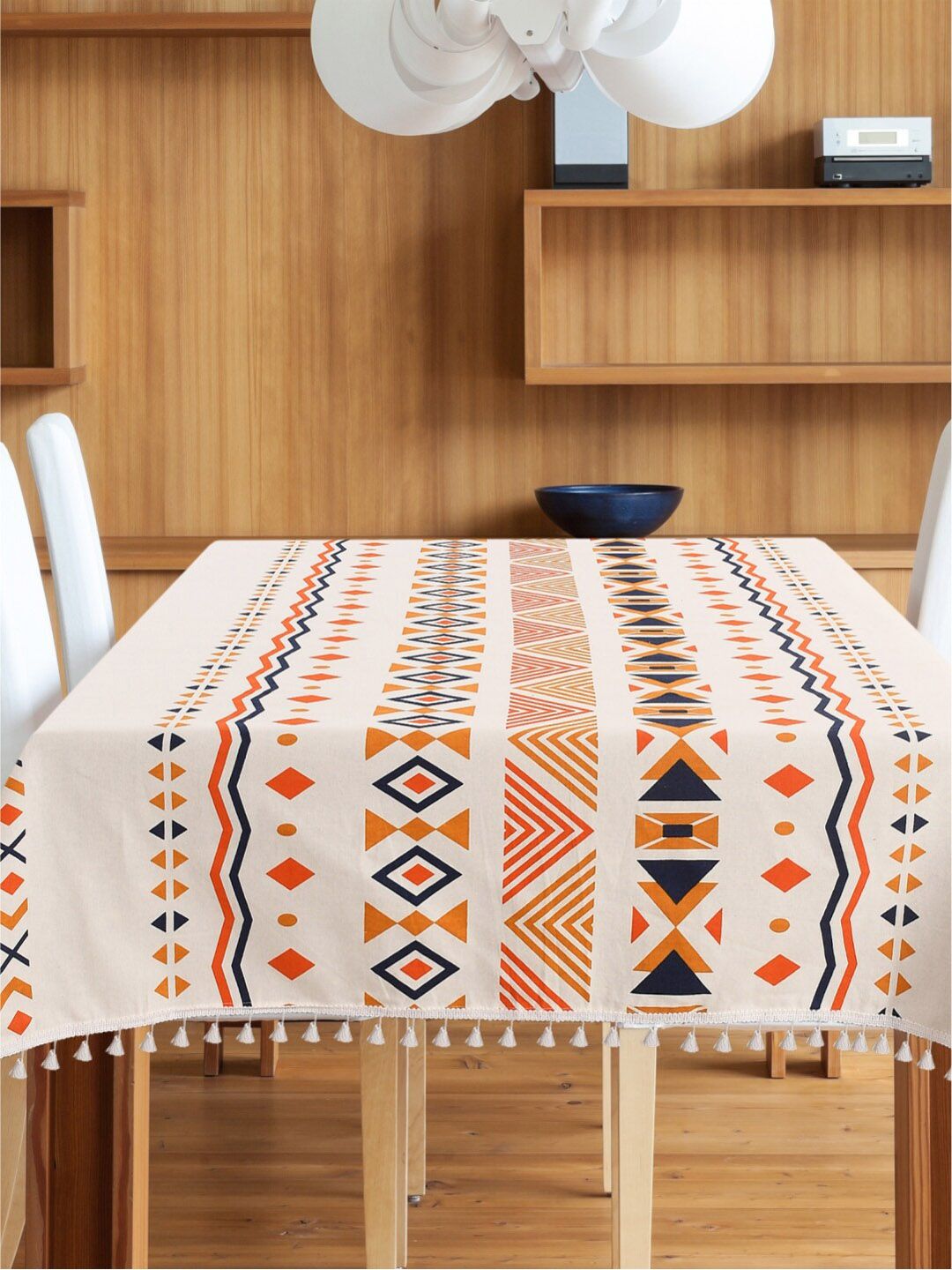 URBAN SPACE Orange & White Printed Pure Cotton 4-Seater Table Cover