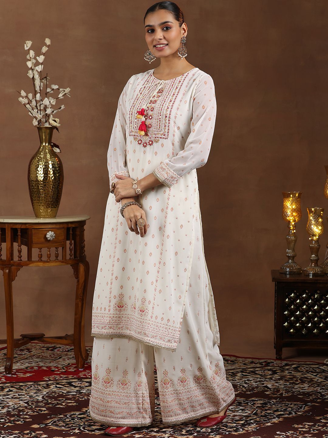 Libas Floral Printed Mirror Work Straight Kurta with Palazzos & Dupatta