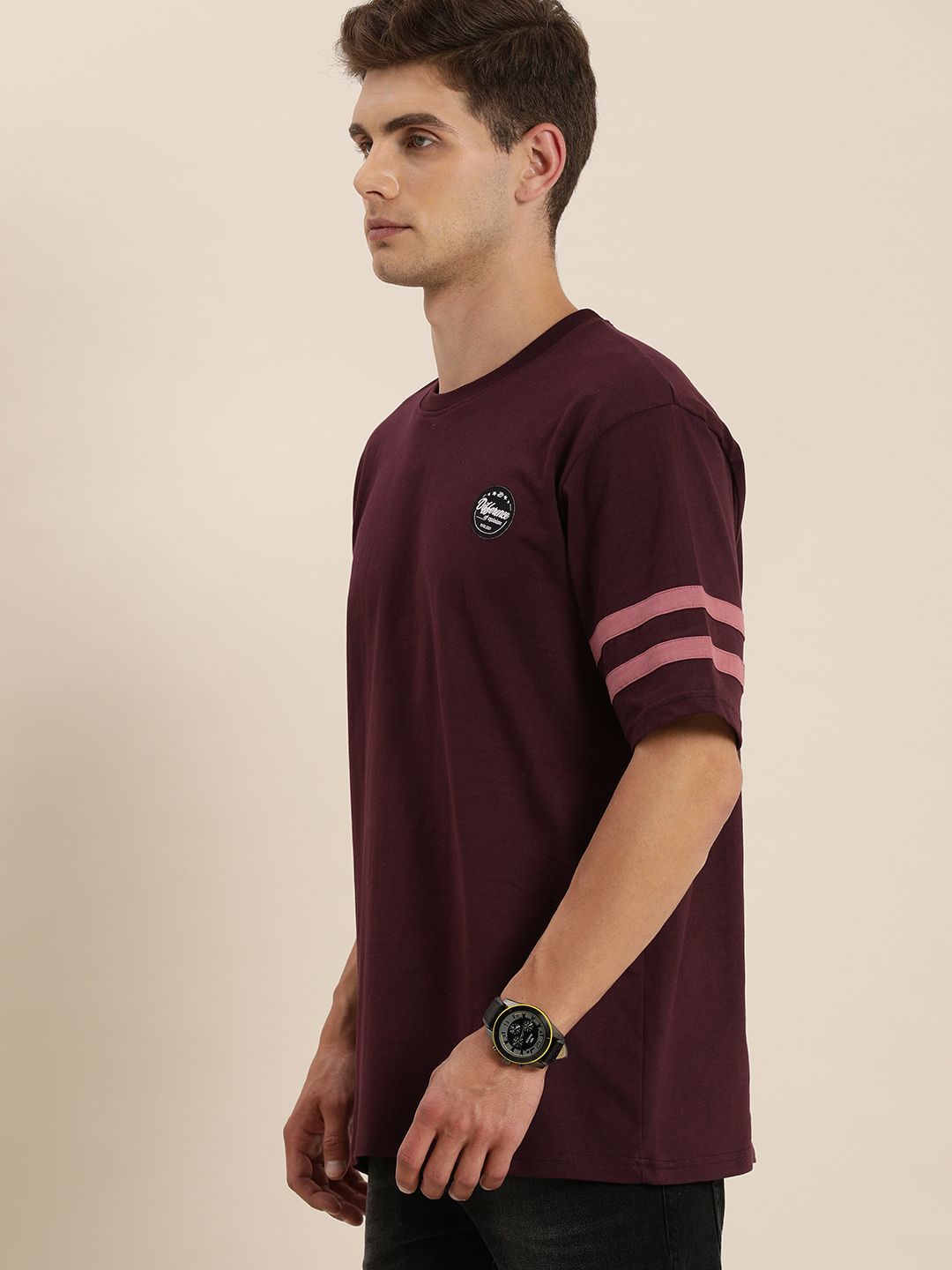Difference of Opinion Men Burgundy Round Neck Extended Sleeves T-shirt