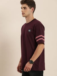 Difference of Opinion Men Burgundy Round Neck Extended Sleeves T-shirt