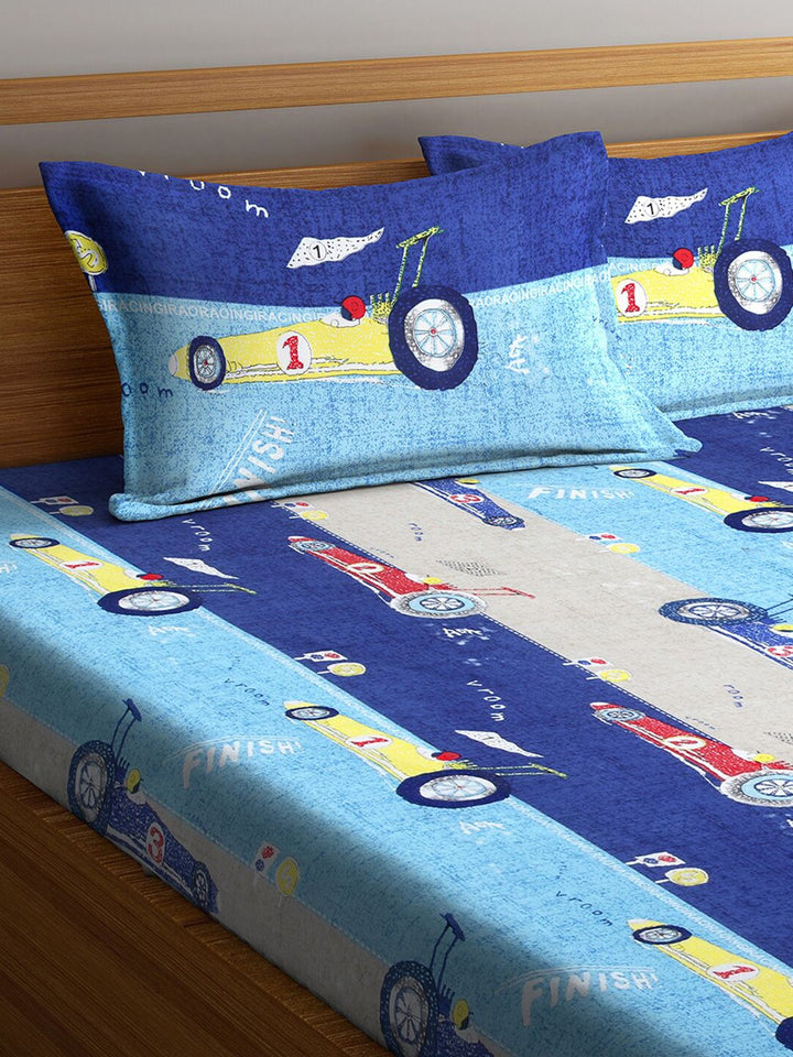 KLOTTHE Biru Kapas Grafik 300 TC Cadar King Halus dengan 2 Sarung Bantal-98 x 87 inci