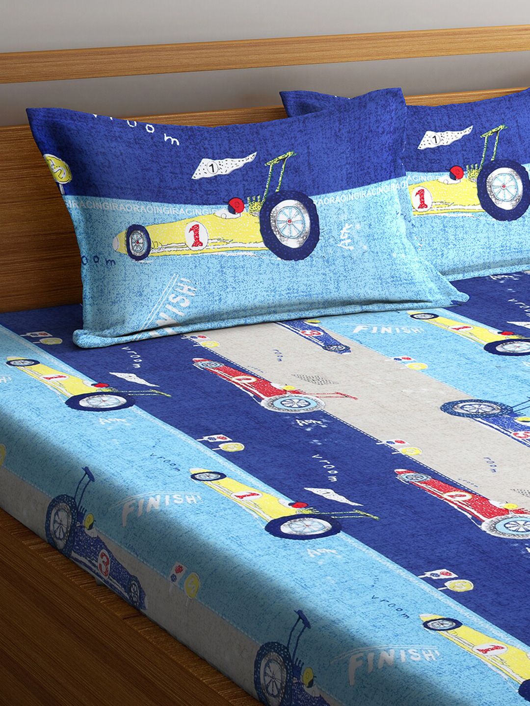 KLOTTHE Biru Kapas Grafik 300 TC Cadar King Halus dengan 2 Sarung Bantal-98 x 87 inci