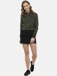 Campus Sutra Women Olive Green Solid Crop Pure Cotton Top