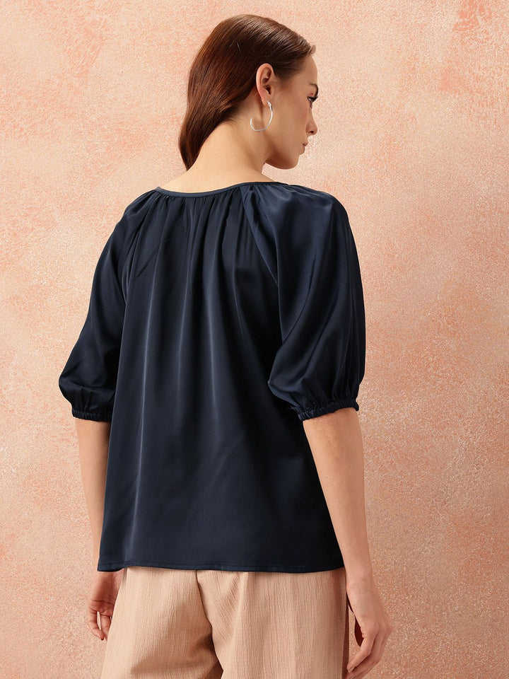 all about you Tie-Up Neck Puff Sleeves Gathered Detail Satin-Finish Top