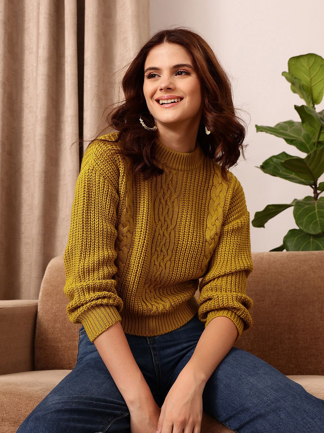 STREET 9 Self Design Round Neck Long Sleeve Acrylic Cable Knit Pullover Sweaters