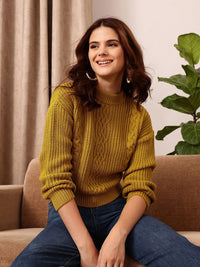 STREET 9 Self Design Round Neck Long Sleeve Acrylic Cable Knit Pullover Sweaters