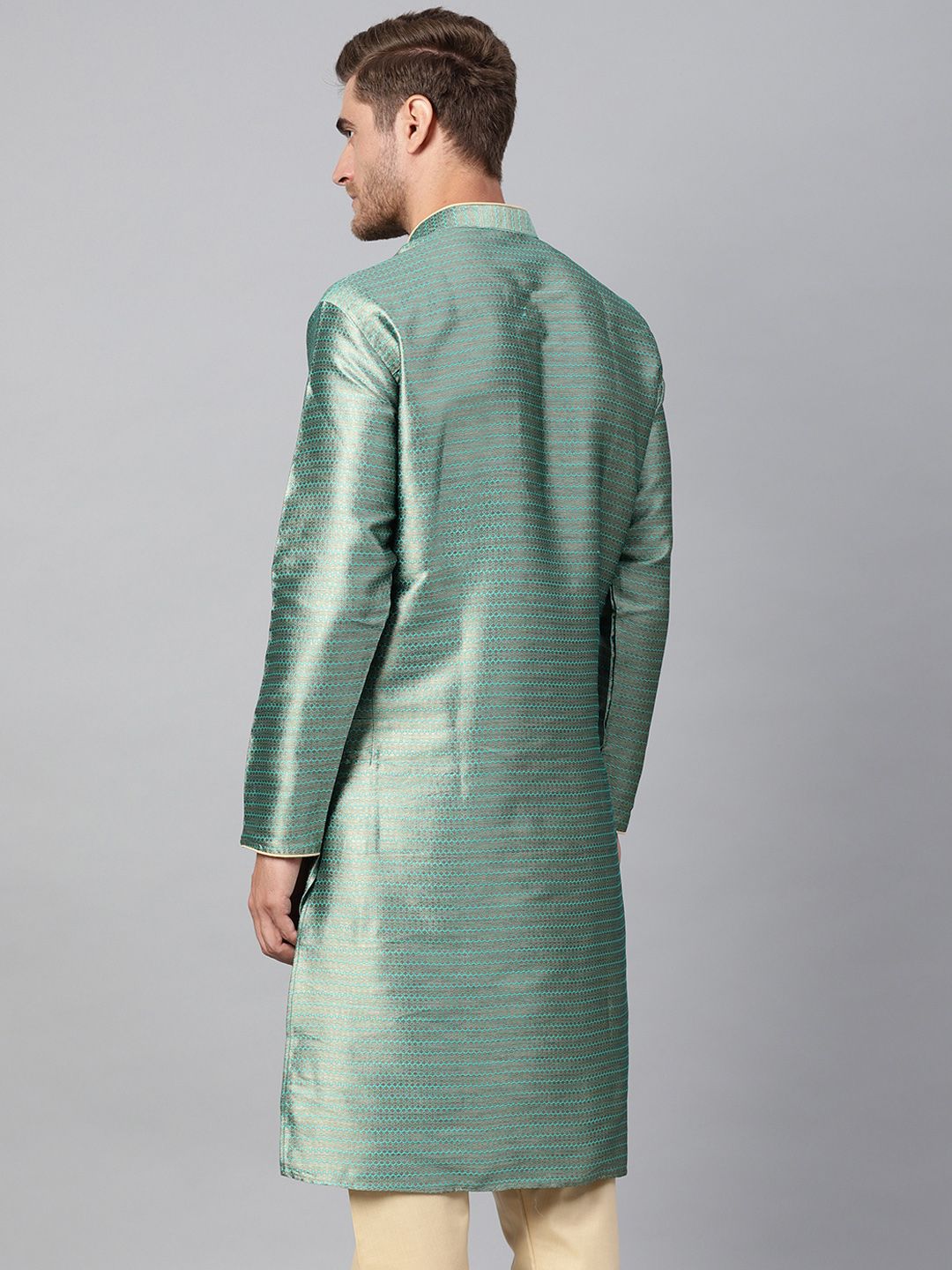 SOJANYA Men Sea Green & Beige Woven Design Straight Kurta