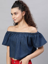 STREET 9 Navy Blue Pure Cotton Solid Denim Bardot Crop Top