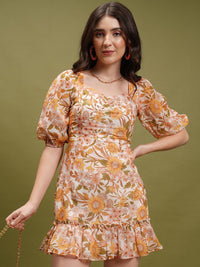 Tokyo Talkies Yellow Floral Printed Gathered or Pleated A-Line Mini Dress