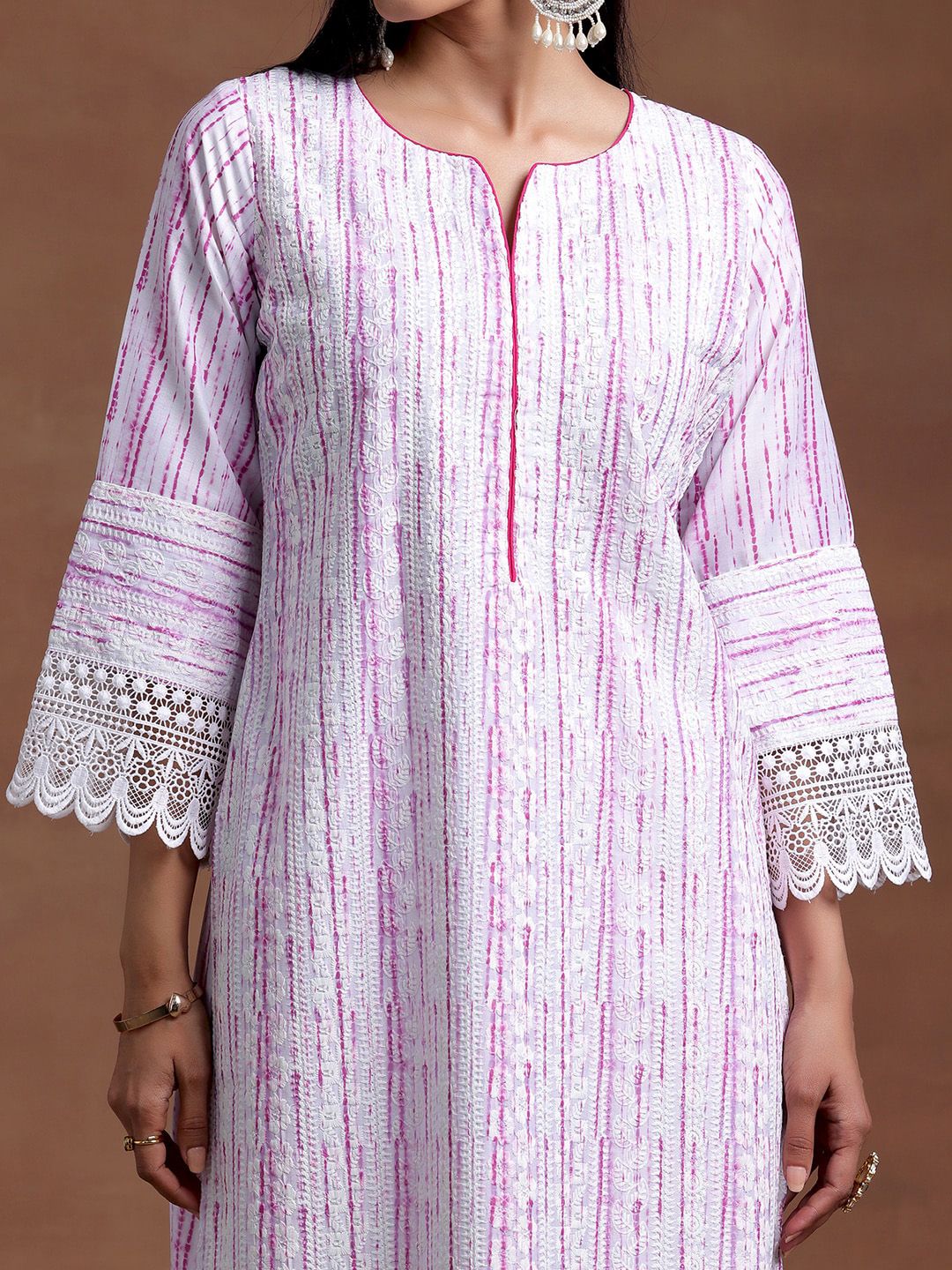 Libas Notched Neck Flared Sleeves Floral Embroidered Straight Kurta with Palazzo & Dupatta