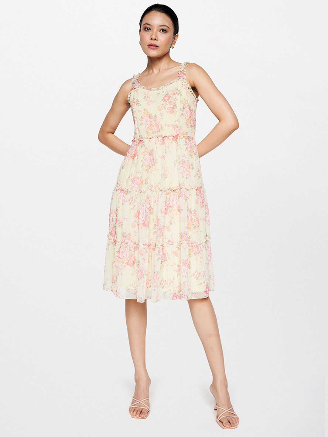 AND Floral Printed Shoulder Straps Gathered Tiered Fit & Flare Dress
