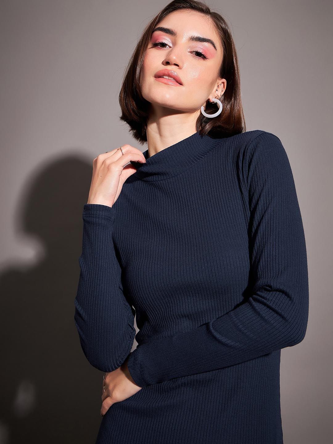 SASSAFRAS Navy Blue High Neck Long Sleeves Bodycon Midi Dress