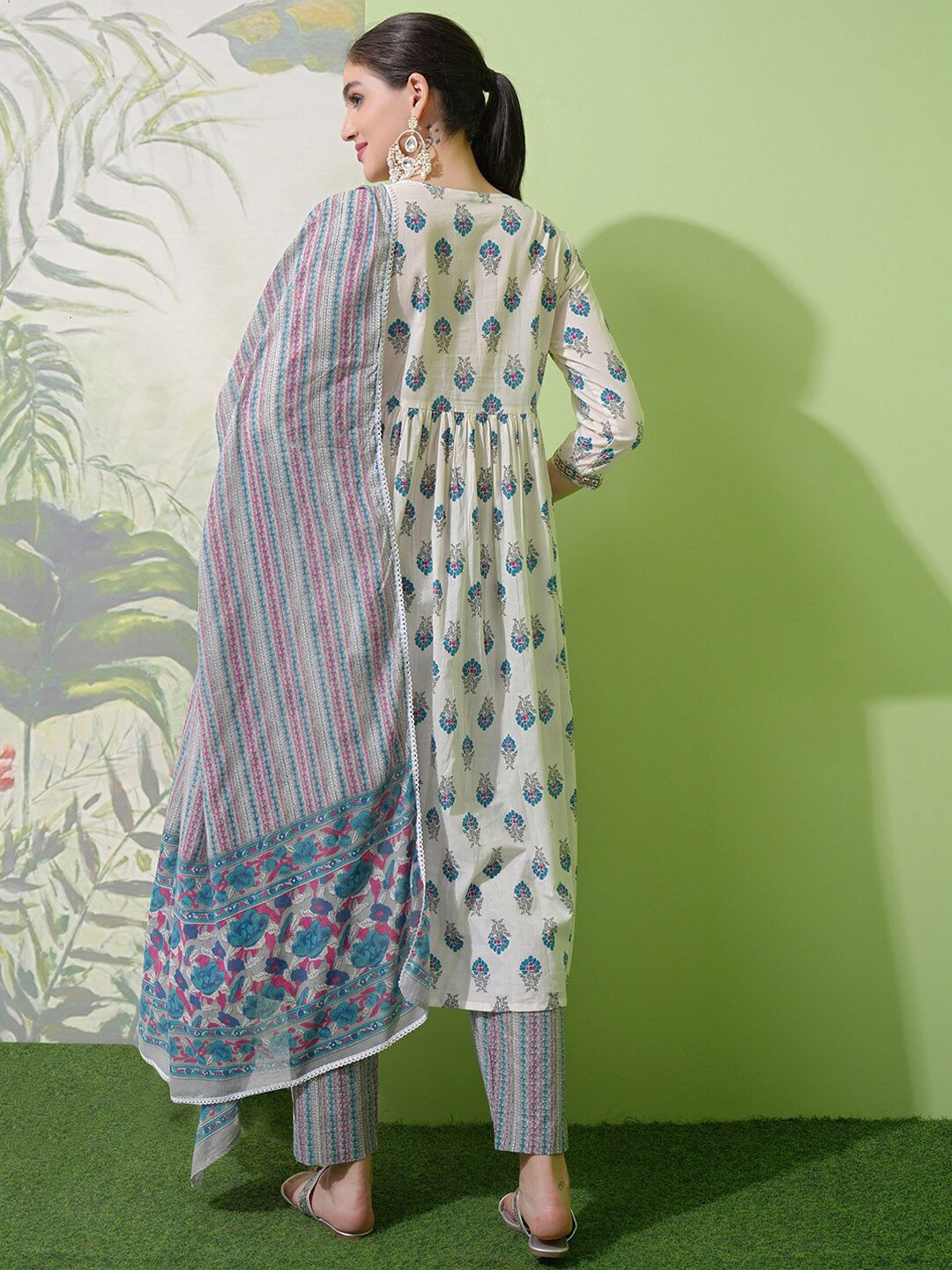 Vishudh White Floral Printed Pure Cotton A-Line Empire Kurta With Trousers & Dupatta