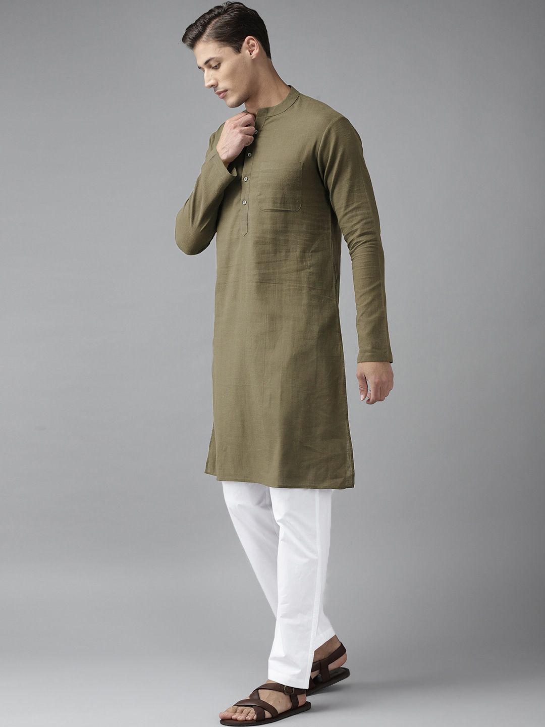 See Designs Olive Green Thread Work A-Line Kurta