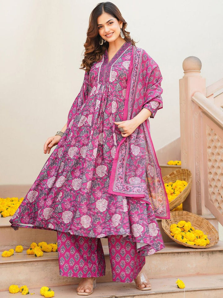 KALINI Women Floral Printed Pleated Kurta with Palazzos & With Dupatta