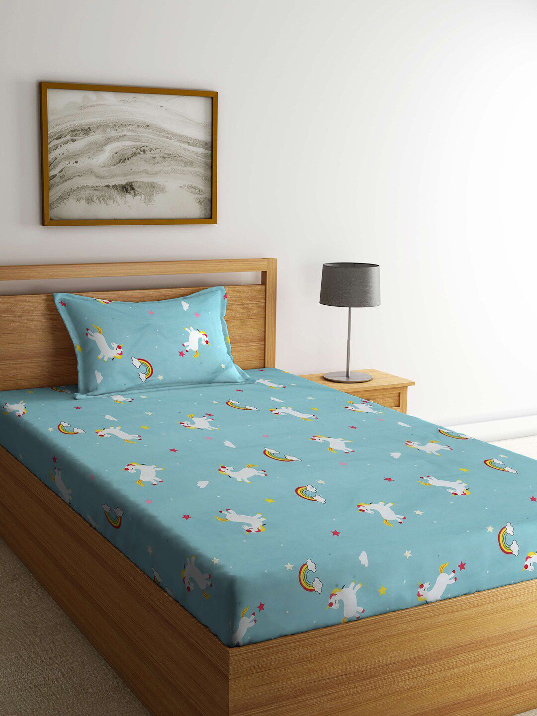 KLOTTHE Blue & White Printed Fitted 300TC Single Bedsheet With 1 Pillow Cover