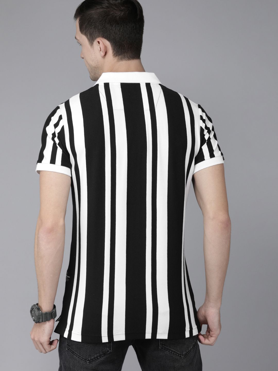 THE BEAR HOUSE Men Black  White Striped Polo Collar Slim Fit Pure Cotton T-shirt