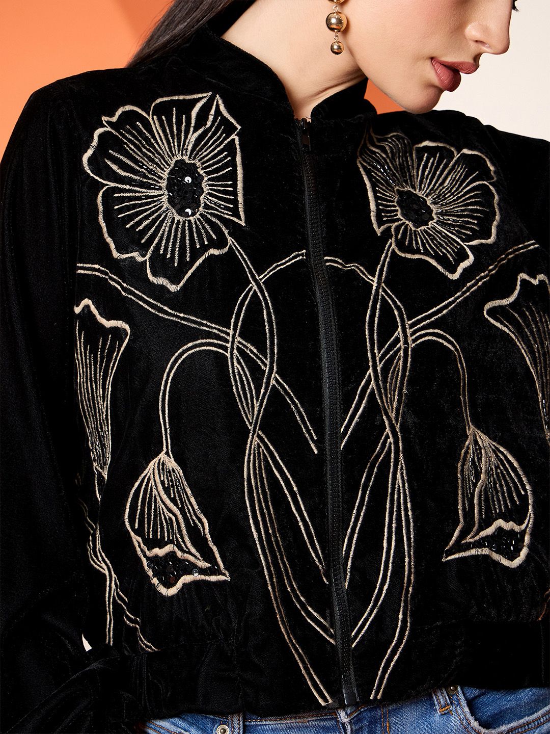 Antheaa Women Velvet Embroidered Bomber Jacket