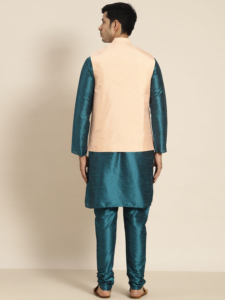 SOJANYA Men Teal Mirror Work Kurta with Churidar