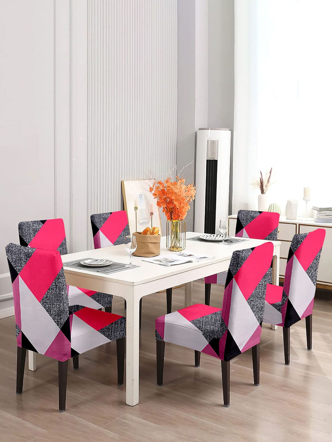 Cortina Pink & White 6 Pieces Geometric Printed Super Stretchable Dining Chair Covers