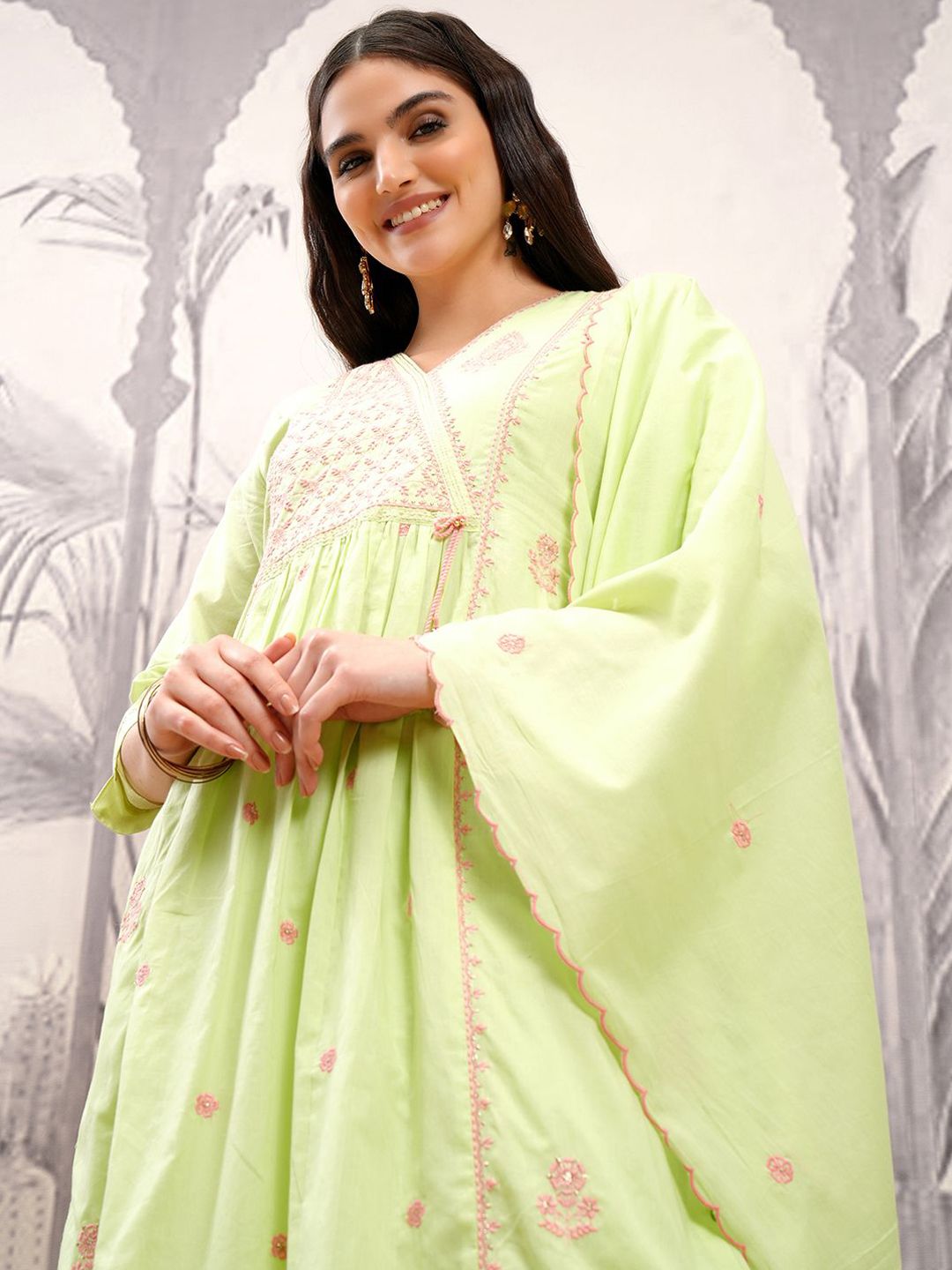 Vishudh Floral Embroidered Angrakha Thread Work Pure Cotton Kurta with Trousers & Dupatta