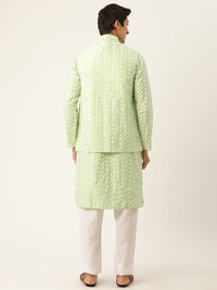 SOJANYA Lelaki Kurta Sulam Hijau Laut & Putih dengan Piyama & Jaket Nehru