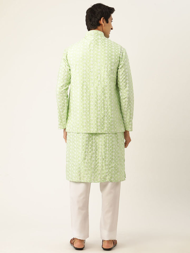 SOJANYA Lelaki Kurta Sulam Hijau Laut & Putih dengan Piyama & Jaket Nehru