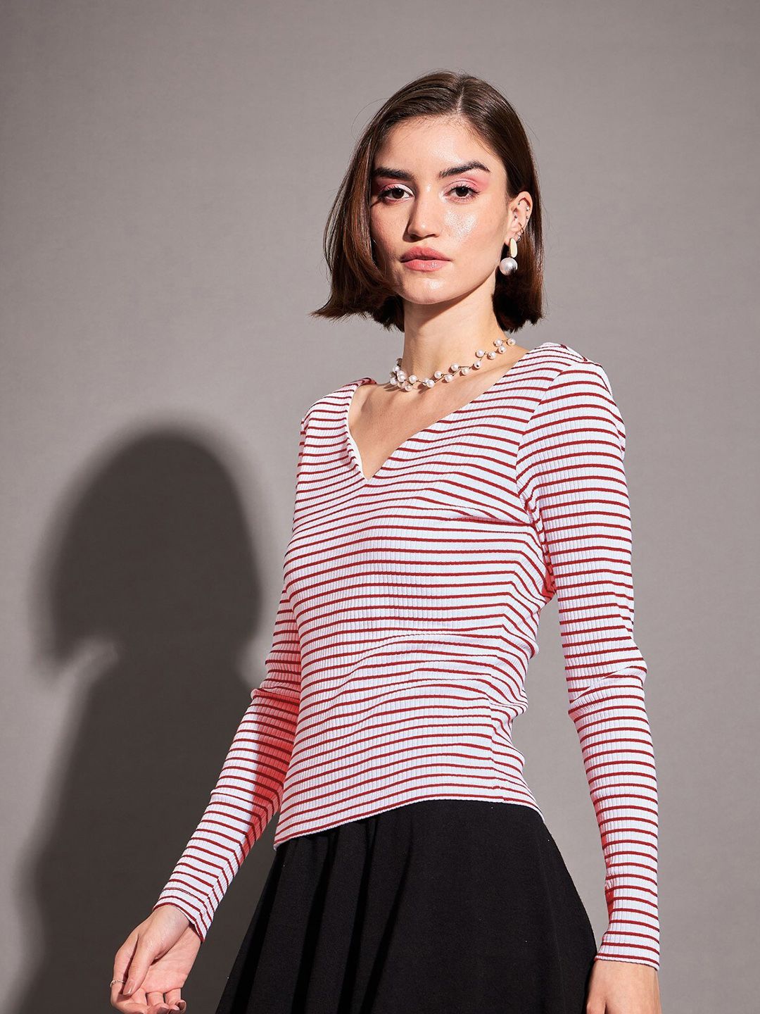 SASSAFRAS Red Striped Sweetheart Neck Long Sleeves Regular Top
