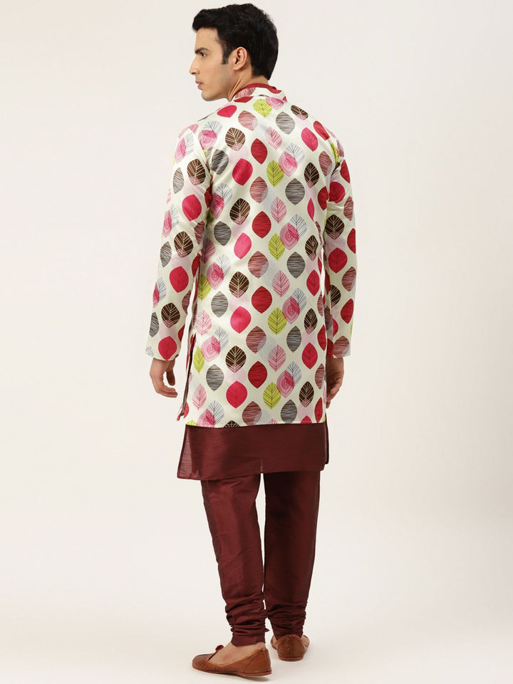 SOJANYA Men Black Solid Kurta with Churidar & Printed Jacket