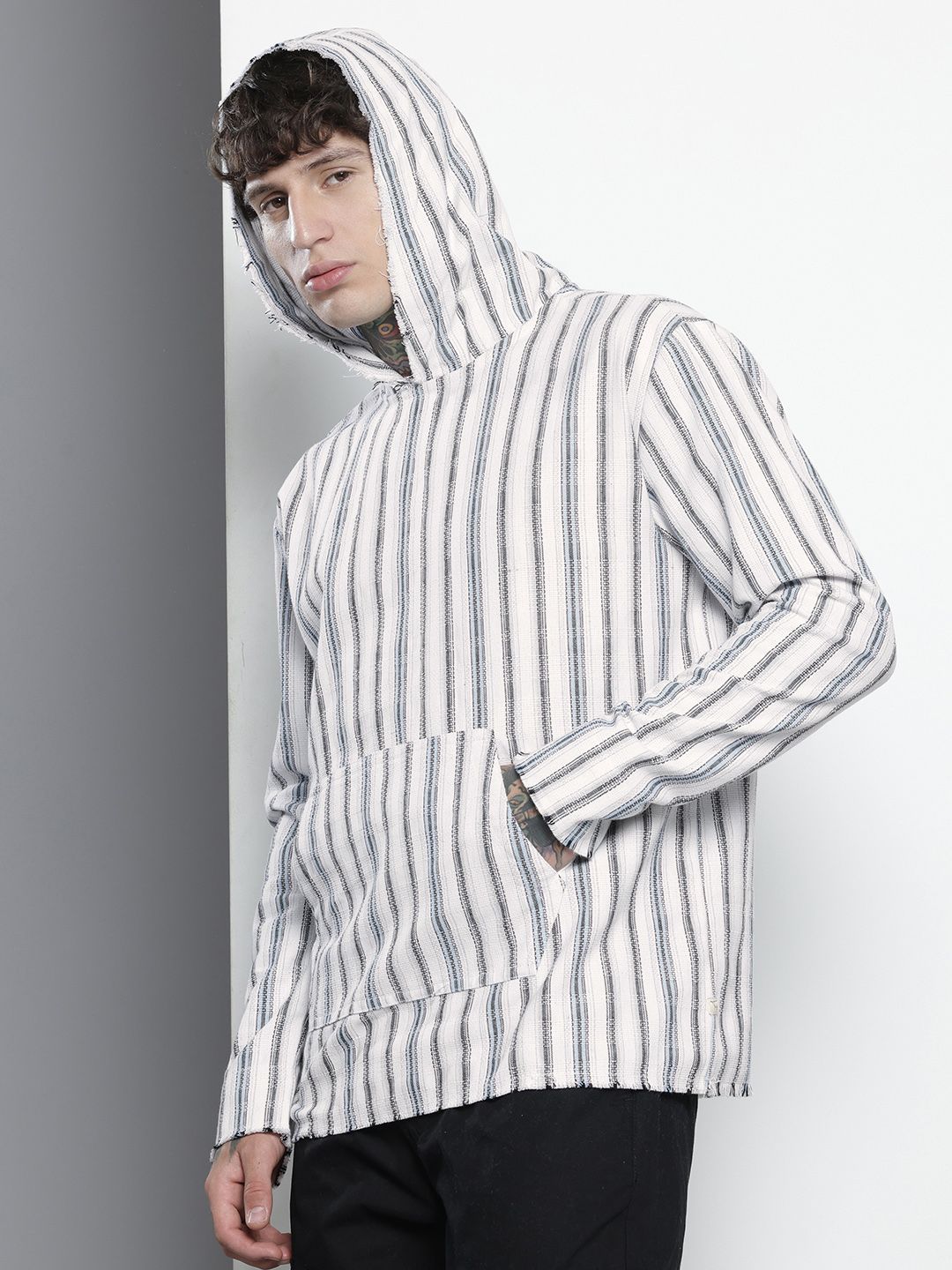 The Indian Garage Co Pure Cotton Striped Hooded Relaxed Fit Sweatshirt