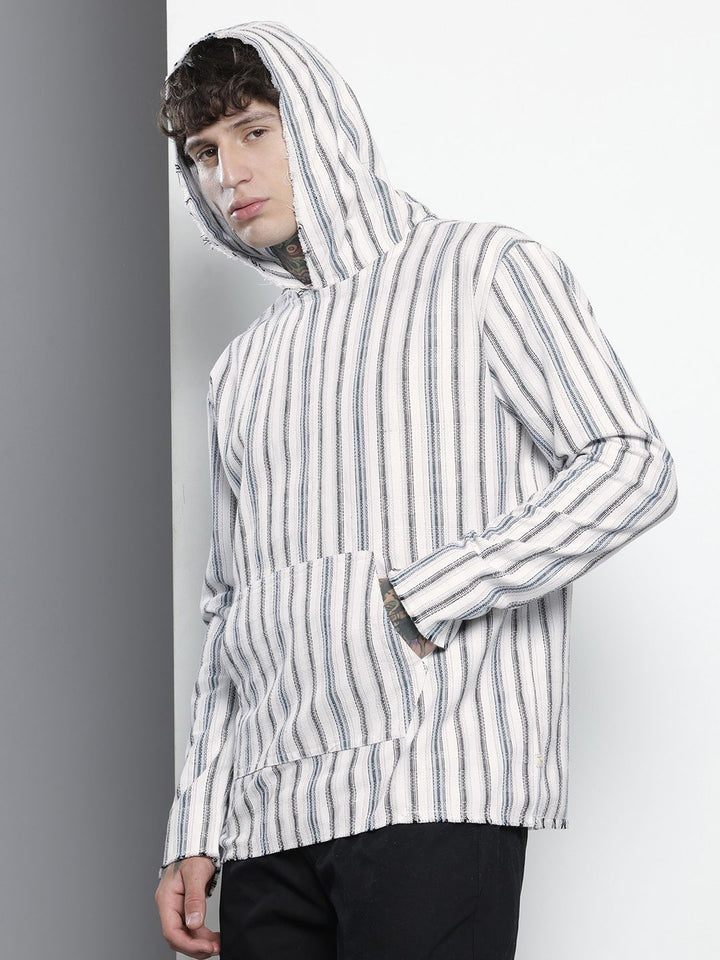 The Indian Garage Co Pure Cotton Striped Hooded Relaxed Fit Sweatshirt