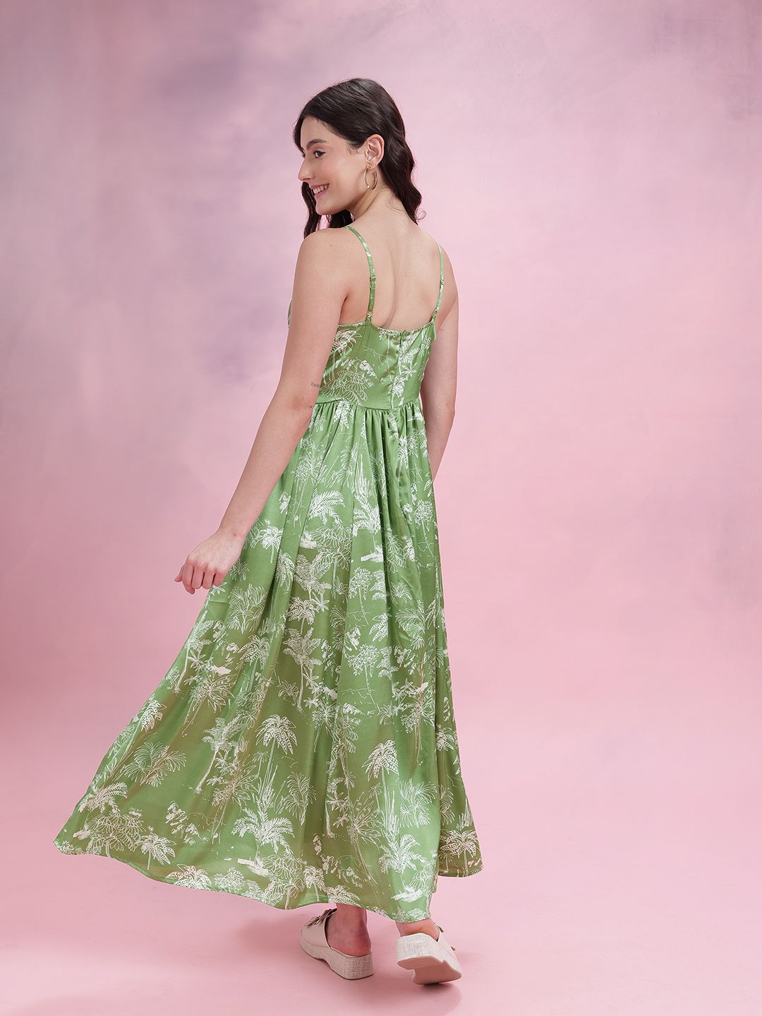 DressBerry Tropical Print Shoulder Straps Pleated Maxi Dress with Cut-Out Detail
