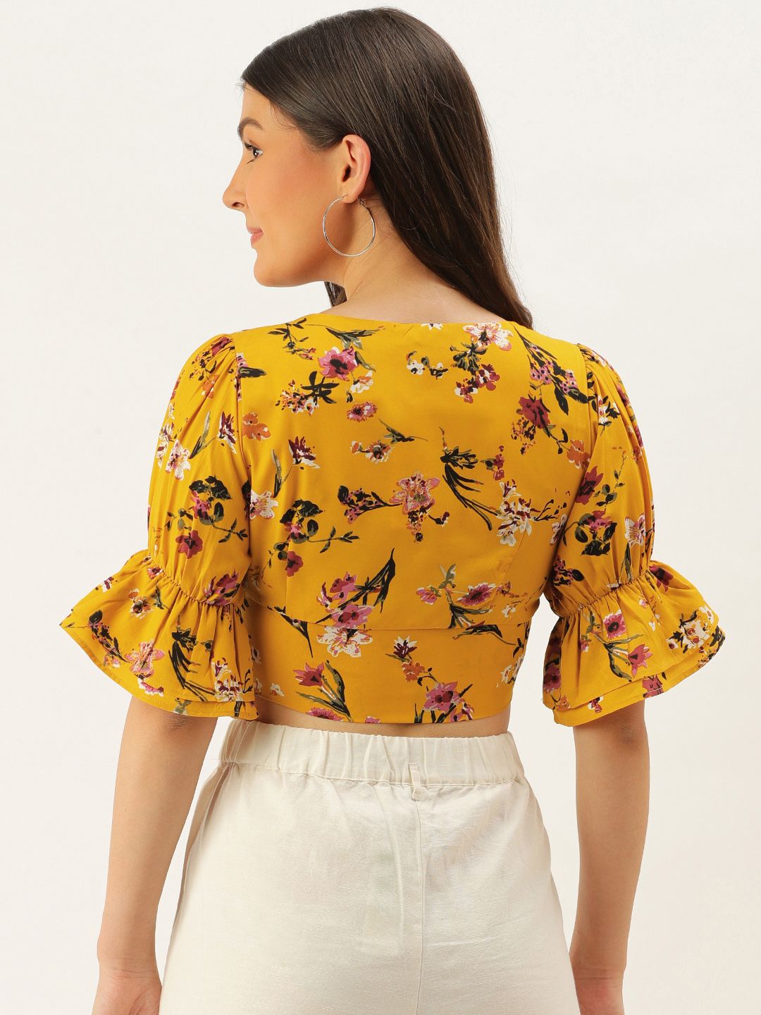 Berrylush Yellow Floral Printed Crepe Crop Top
