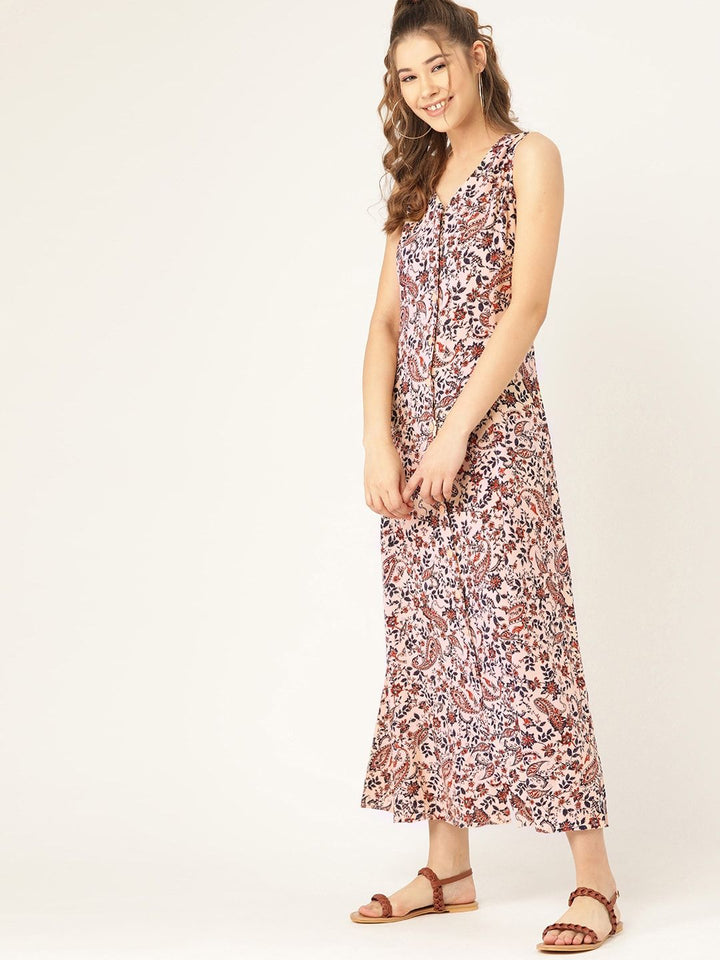 DressBerry Pink & Navy Blue Floral Printed Maxi Dress