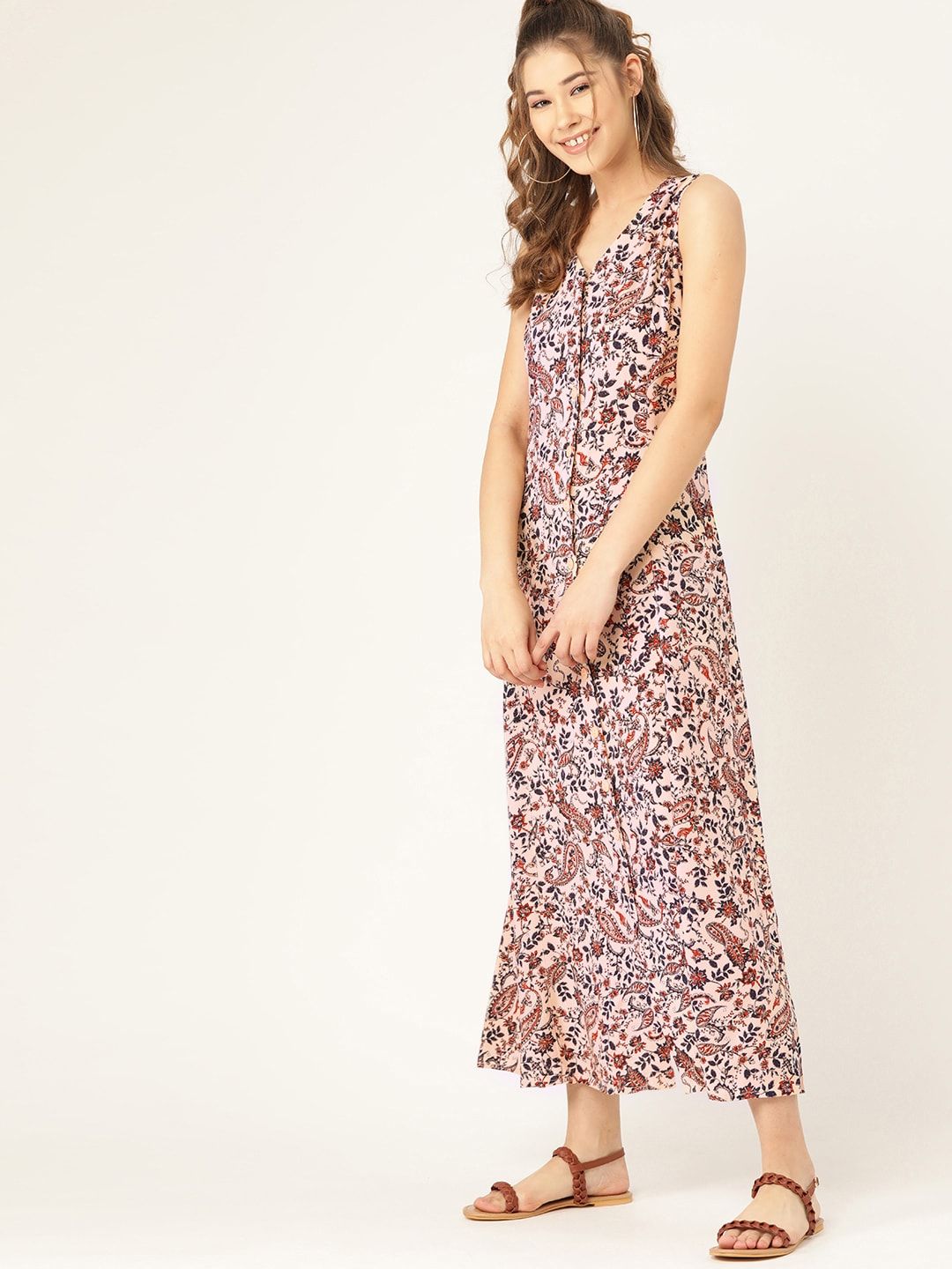 DressBerry Pink & Navy Blue Floral Printed Maxi Dress