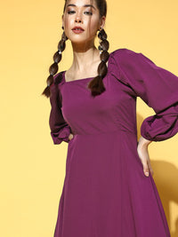Berrylush Women Charming Purple Solid Puff Sleeves Dress