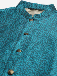 SOJANYA Men Teal Floral Kurta with Churidar & Nehru Jacket