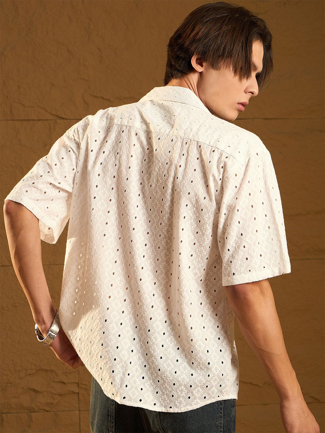 DENNISON Men Semi Sheer Drop Shoulder Oversized Schiffli Shirt