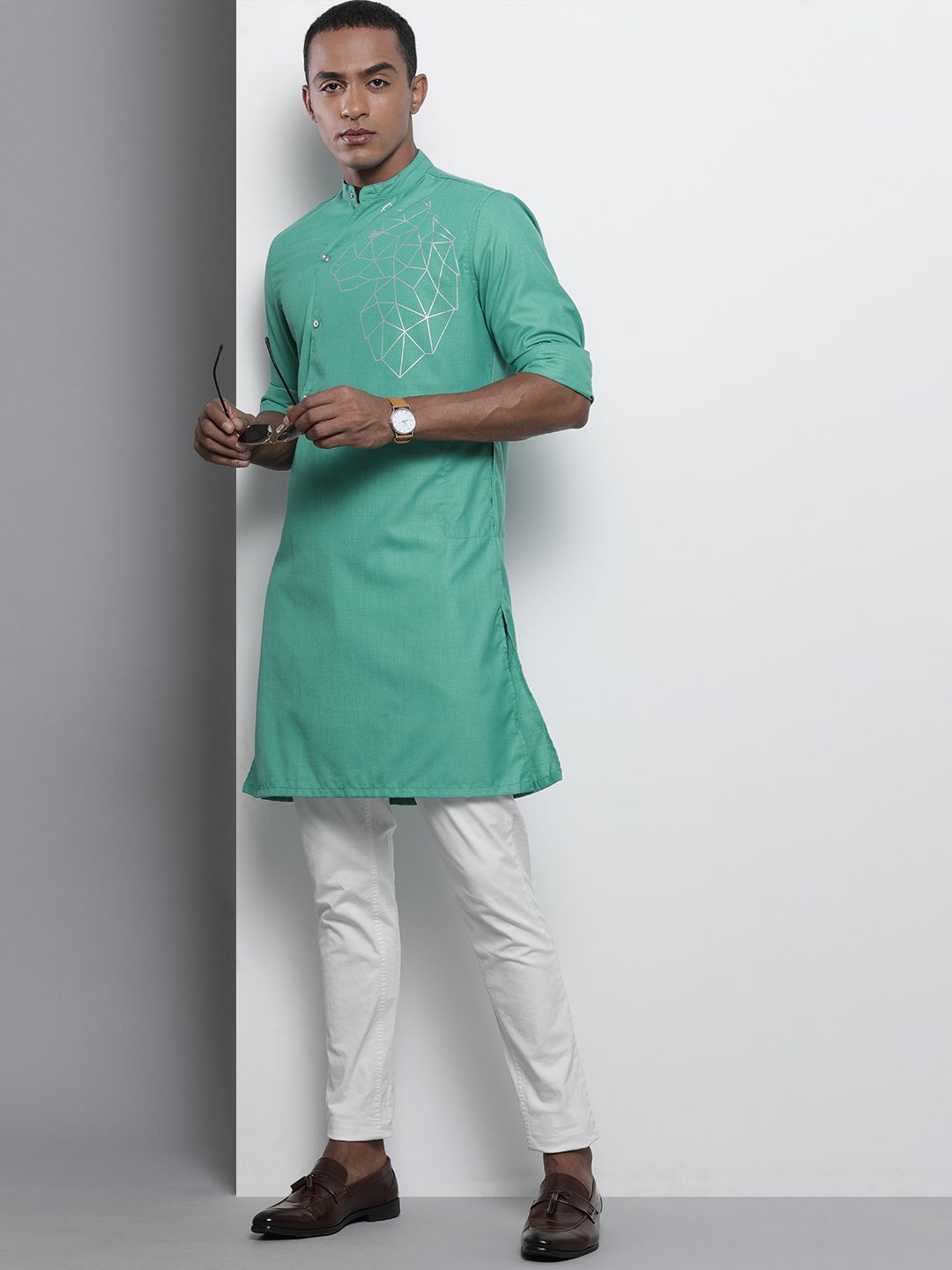 The Indian Garage Co Men Turquoise Blue Solid Angrakha Kurta with Printed Detailing