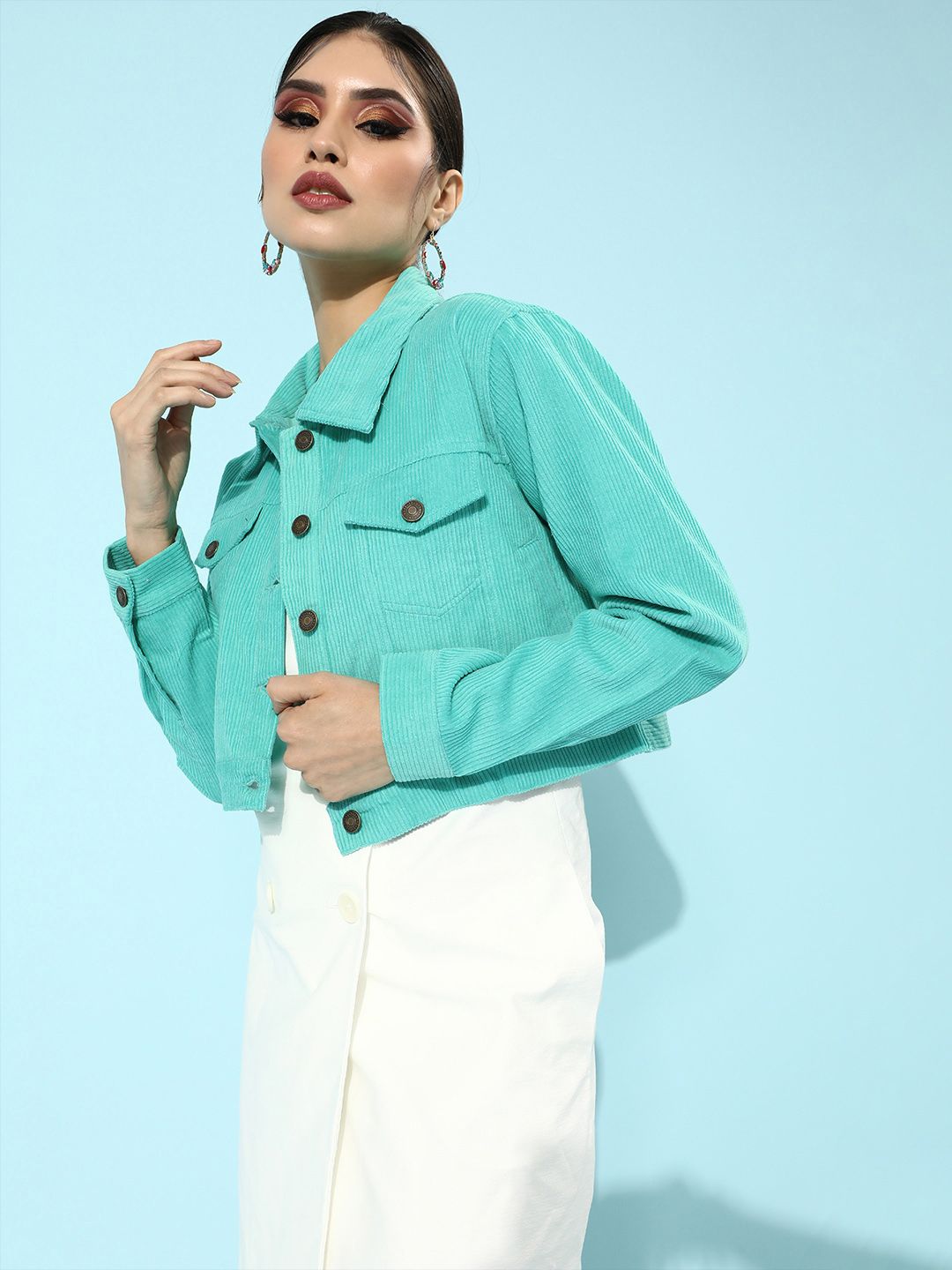 SASSAFRAS Women Green Corduroy Crop Trucker Jacket