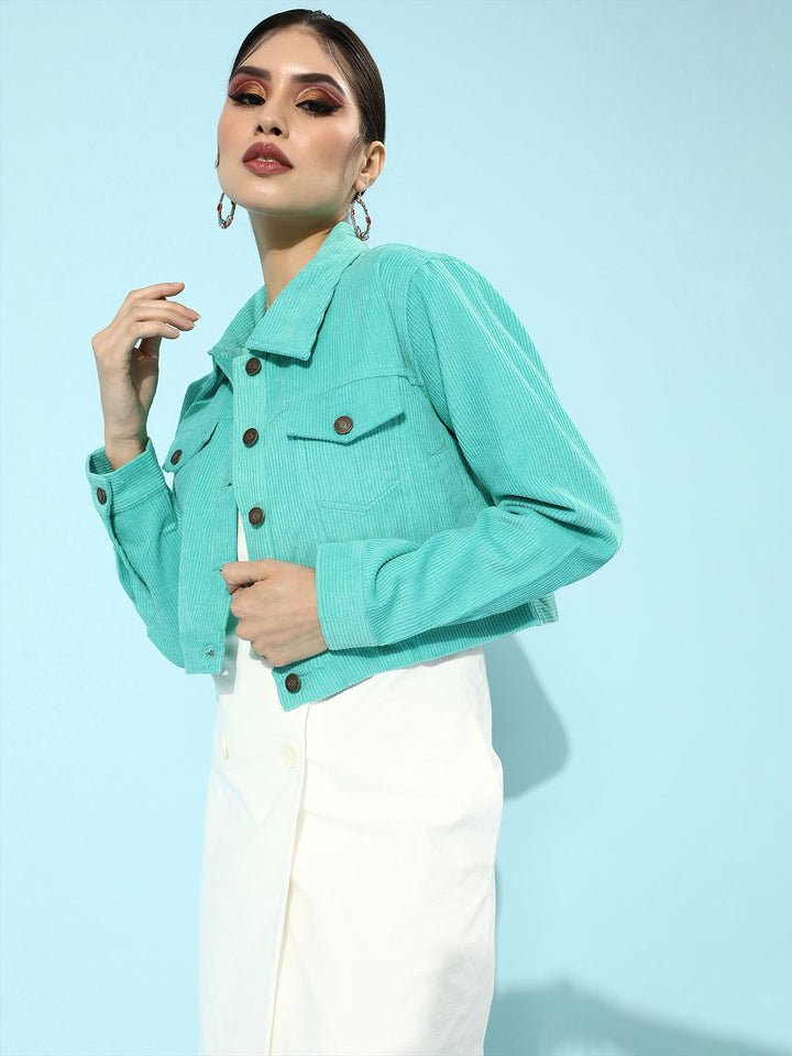 SASSAFRAS Women Green Corduroy Crop Trucker Jacket