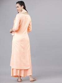 Vishudh Women Peach-Coloured & Gold-Toned Solid Kurta with Palazzos & Dupatta