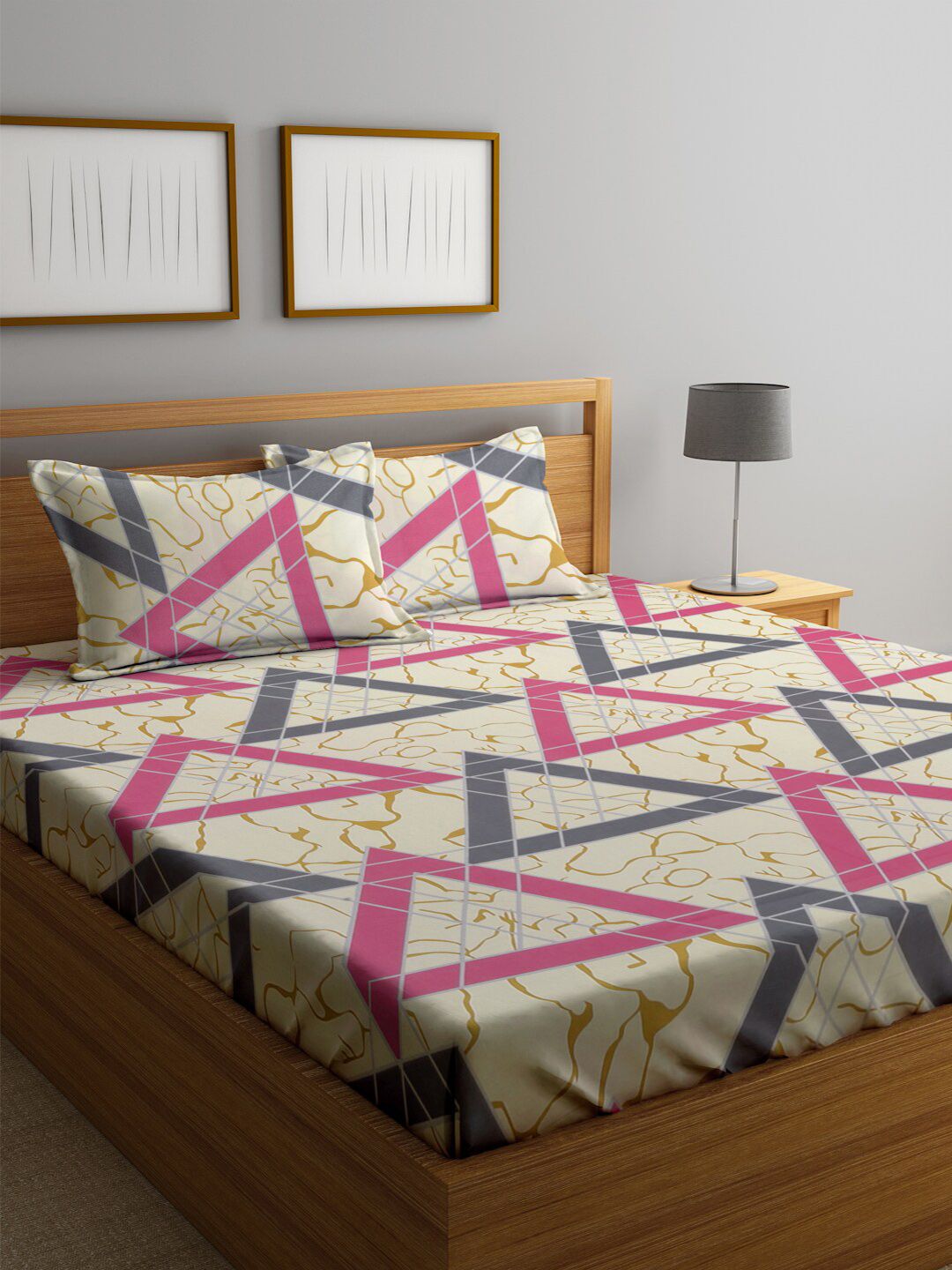 KLOTTHE Cream Geometric Cotton 300 TC Dilengkapi Cadar King Halus dengan 2 Sarung Bantal-98 x 87 inci
