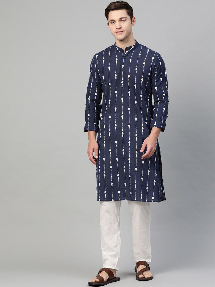 See Designs Men Navy Blue & White Printed Kurta with Pyjamas
